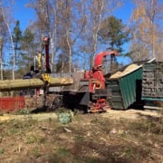 Skovningsmaskine arbejder ved containere og skovbryn.